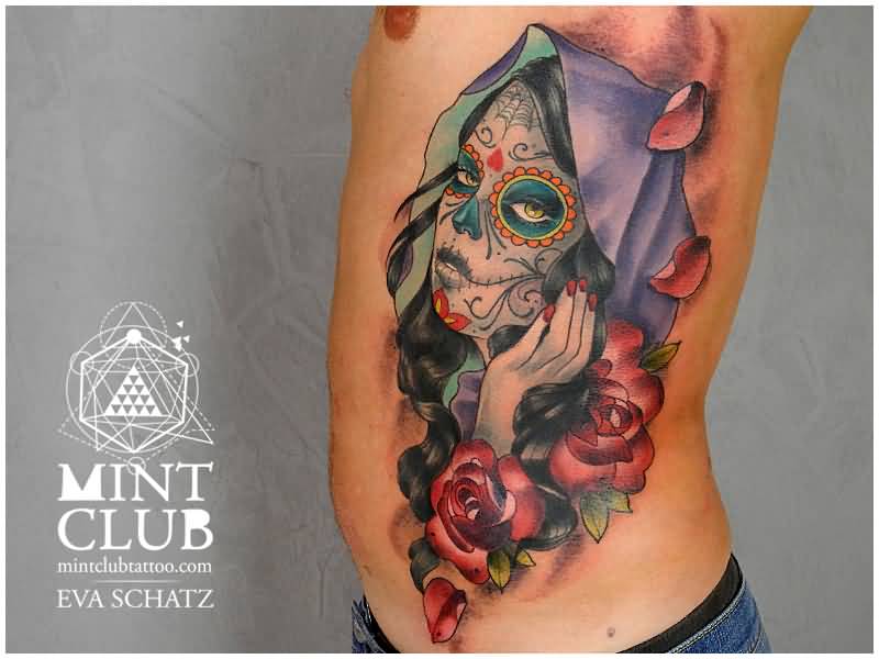 Colorful Catrina With Flowers Tattoo On Side Rib