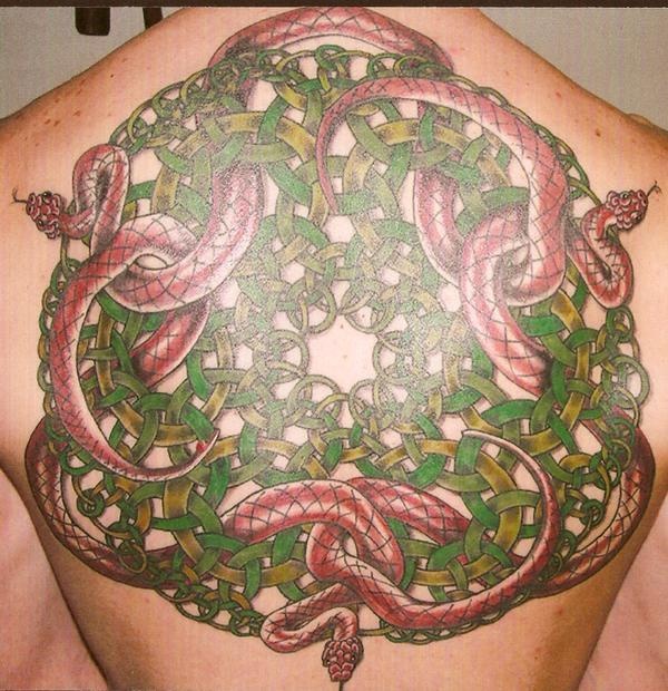 Colorful Celtic Escher With Snakes Tattoo On Upper Back