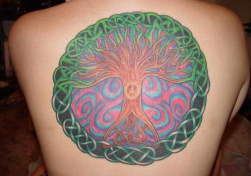 Colorful Celtic Tree Of Life Symbol Tattoo On Upper Back