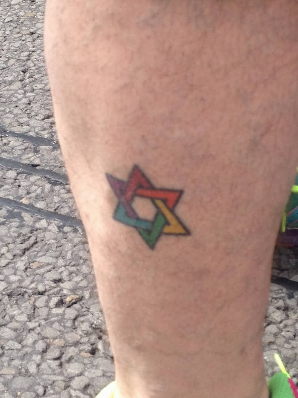 Colorful David Star Tattoo On Leg