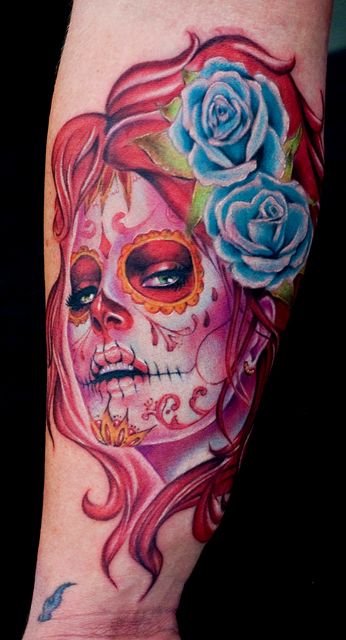Colorful Day Of The Dead Catrina Tattoo On Forearm