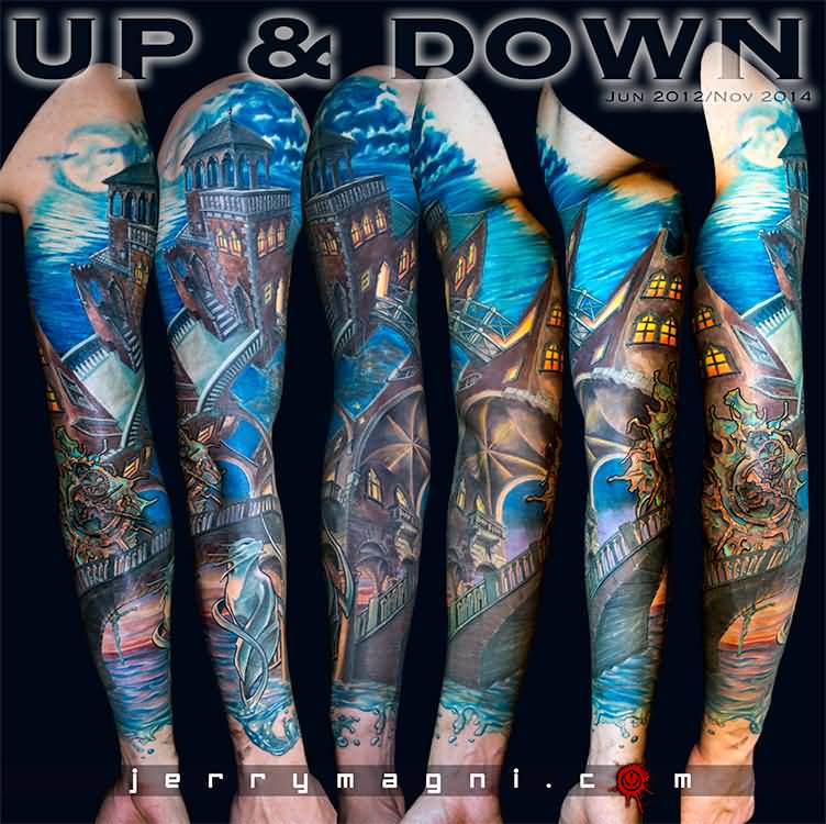 Colorful Escher Up And Down Tattoo On Full Sleeve