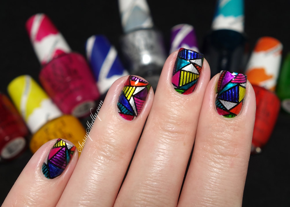 Colorful Geometric Pattern Stamping Nail Art Idea