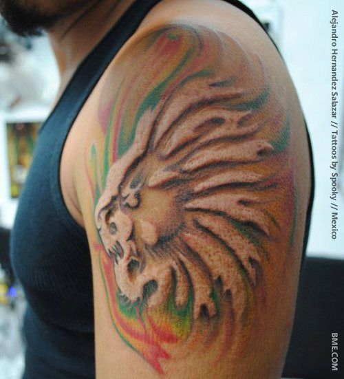 Colorful Lion Scarification Tattoo On Left Half Sleeve