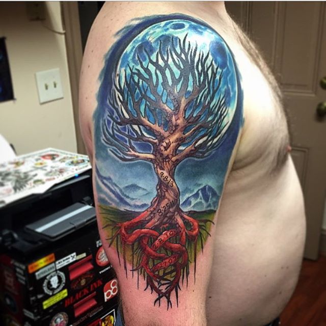Colorful Moon And Tree Of Life Tattoo On Right Half Sleeve For Men