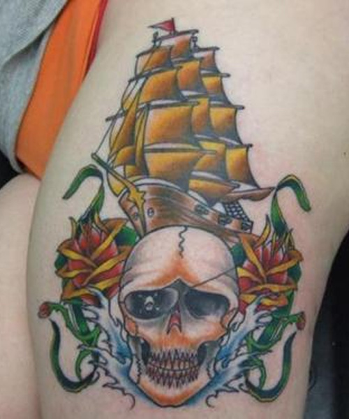 Colorful Pirate Ship Traditional Tattoo