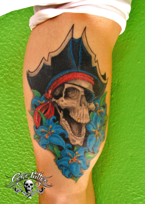 Colorful Pirate Skull And Flowers Tattoo