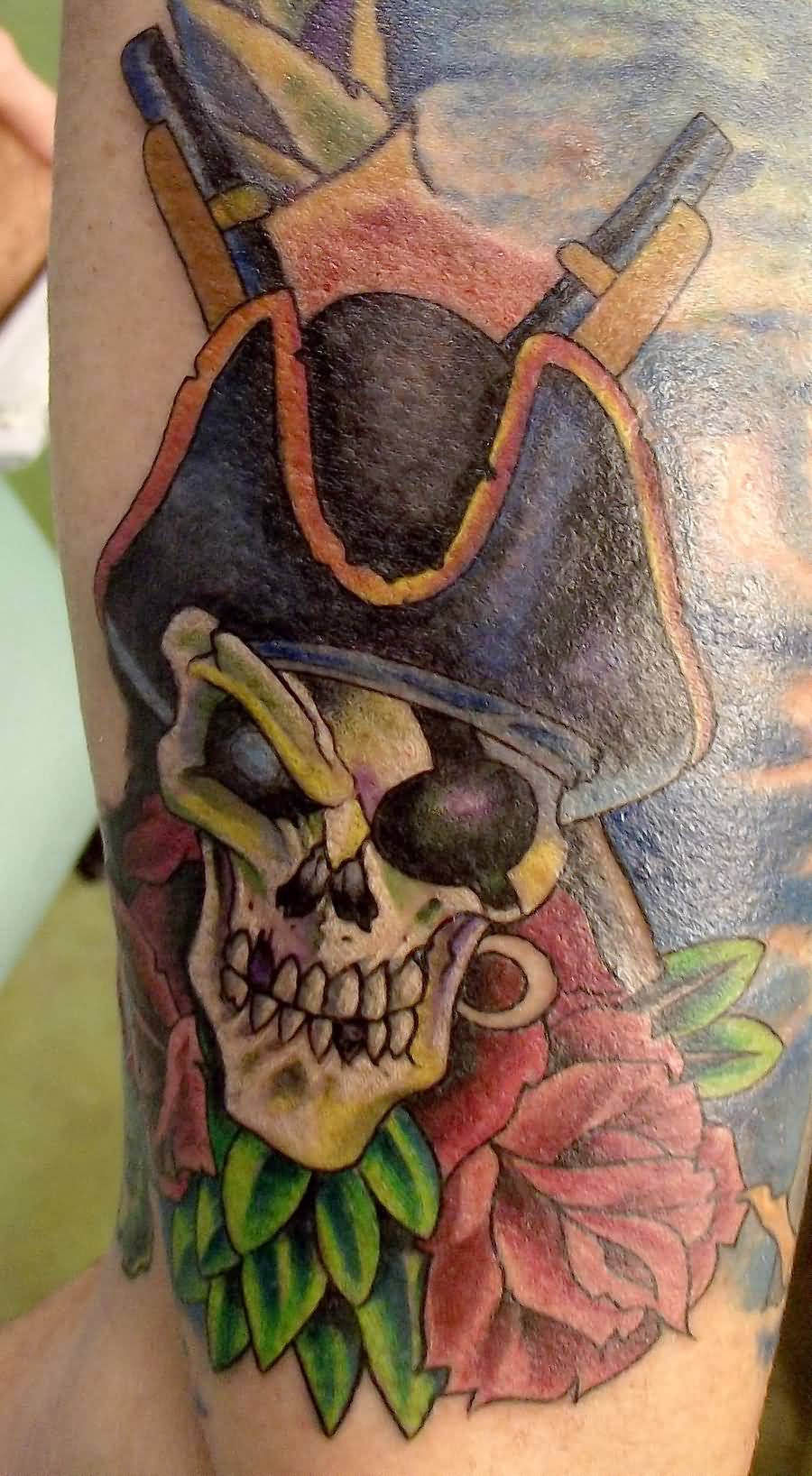 Colorful Pirate Skull With Flowers Tattoo By Meta Virus