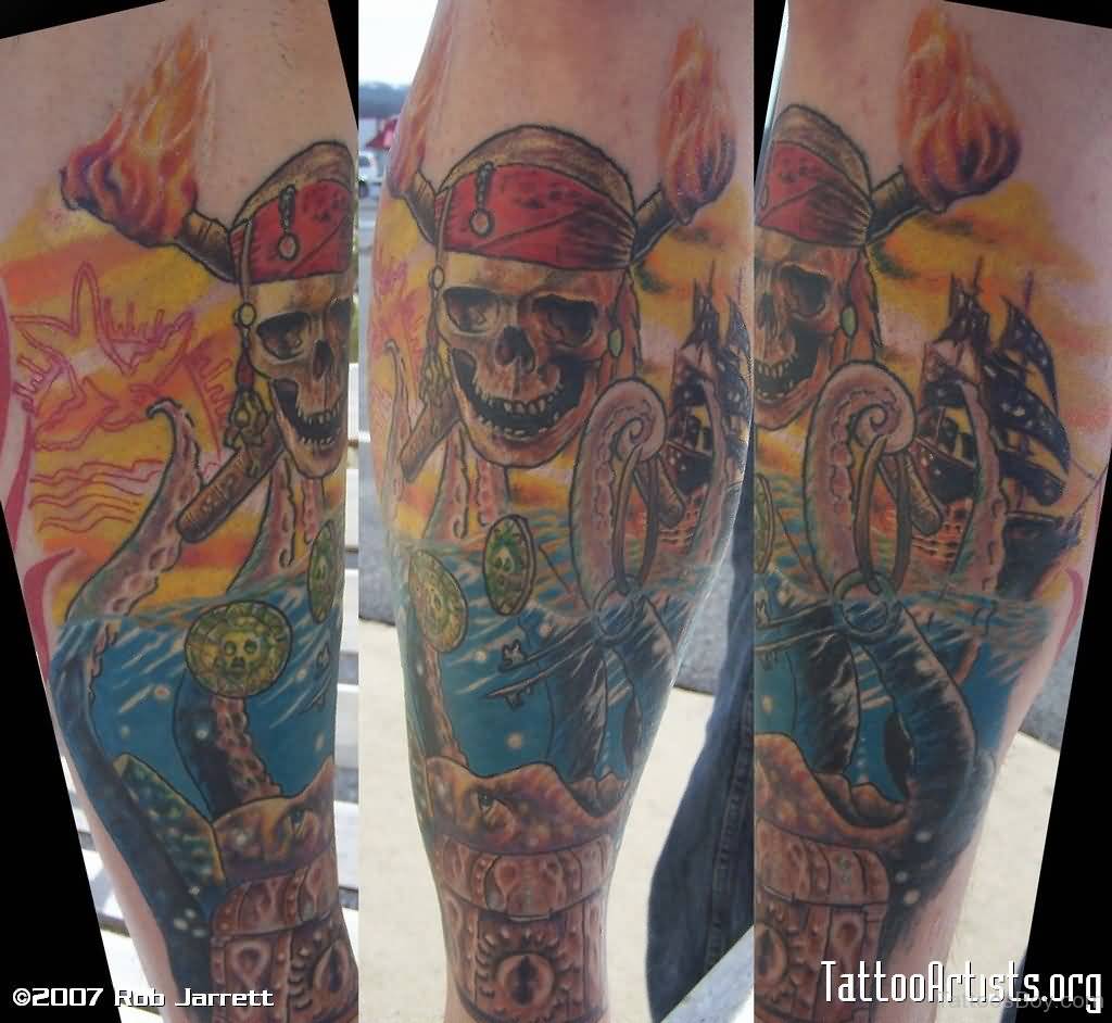 Colorful Pirate Skull With Octopus Tattoo On Arm