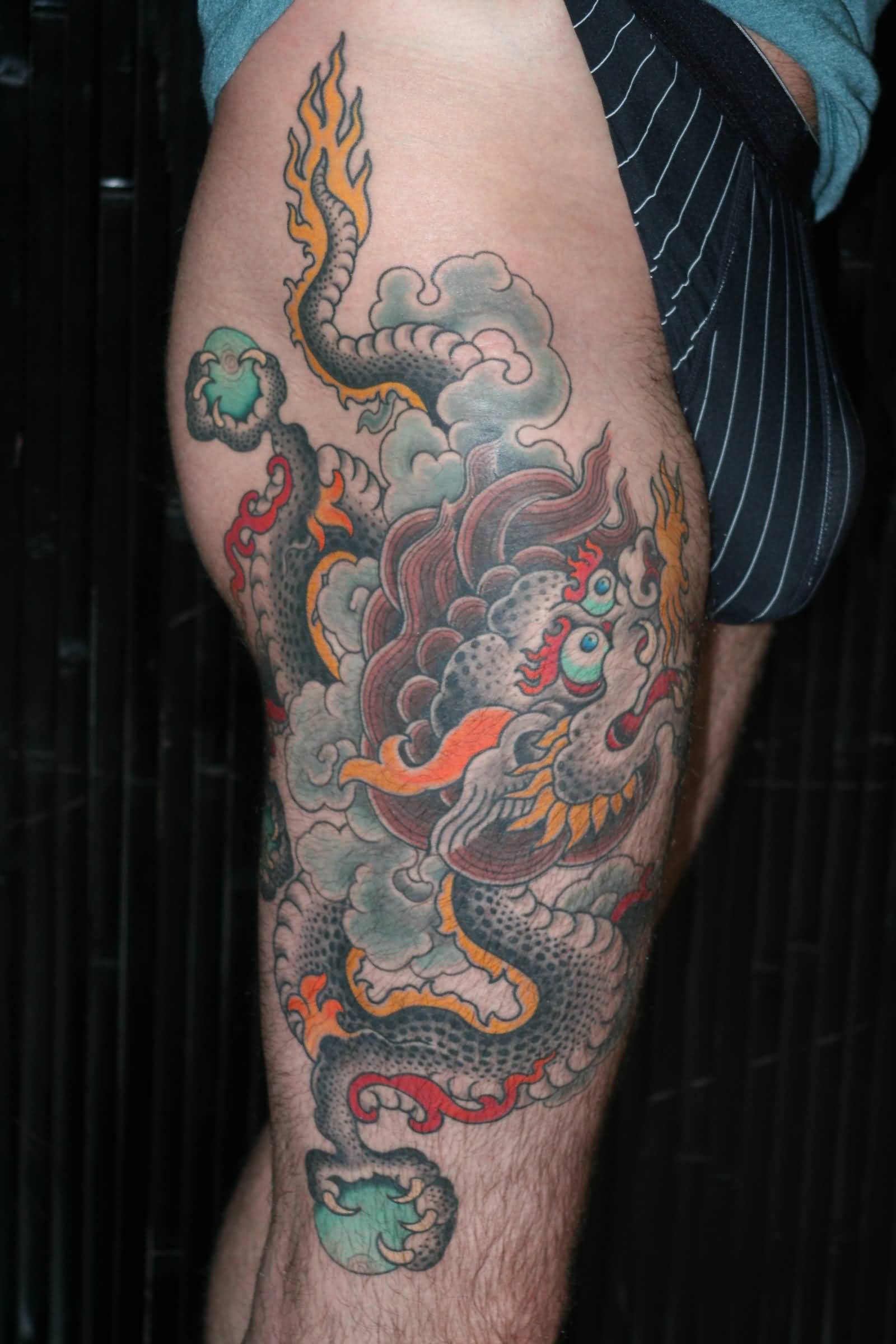 Colorful Tibetan Dragon Tattoo On Right Thigh