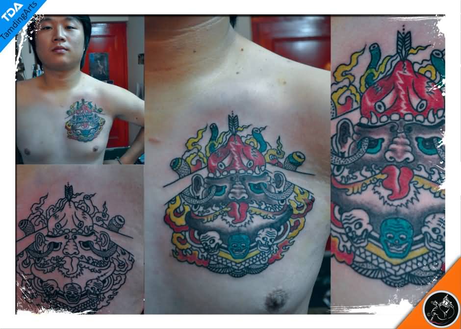 Colorful Tibetan Tattoo On Chest For Men