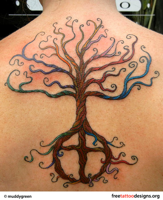 Colorful Tree Of Life Tattoo On Upper Back