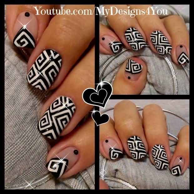 Cool Black And White Geometric Nail Art Design Idea