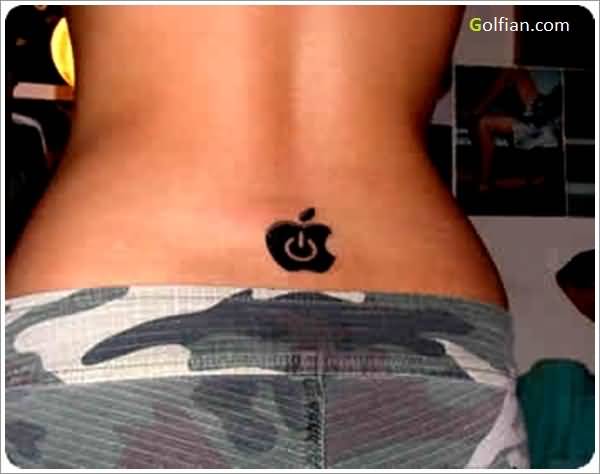 Cool Power Button And Apple Logo Tattoo On Lower Back