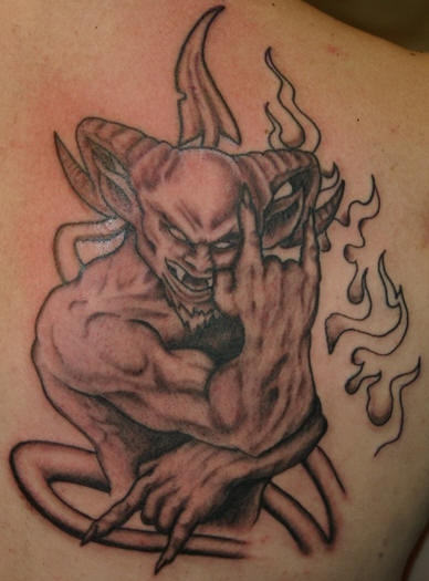 Cool Satan With Flames Tattoo On Right Back Shoulder
