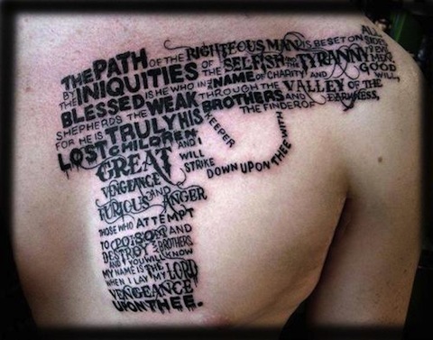 Creative Gun Words Tattoo On Chest