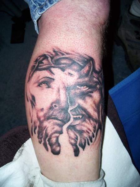 Creative Jesus Satan Tattoo On Leg By Tattosbyjon