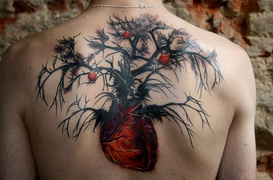 Creative Tree Of Life With Heart Tattoo On Upper Back