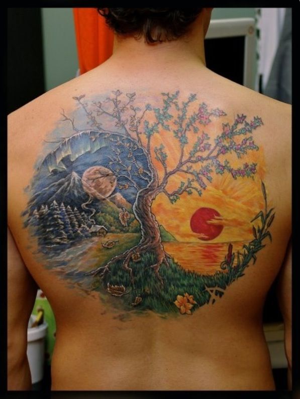 Creative Yin Yang Tree Of Life Tattoo On Upper Back For Men