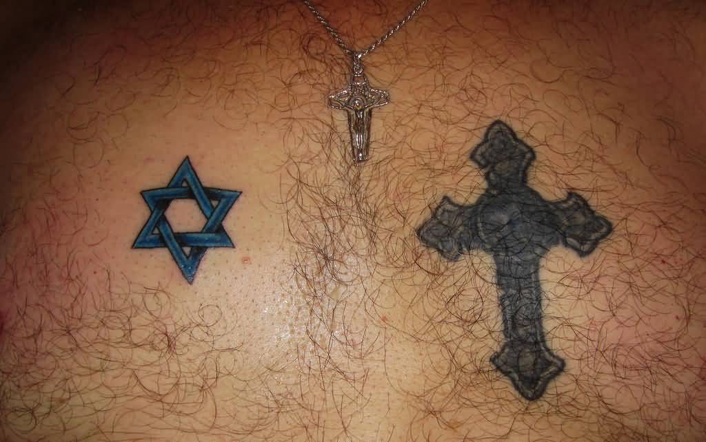 Cross And David Star Tattoo On Chest