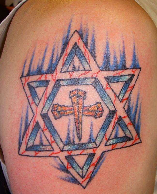 Cross In Star Of David Tattoo On Shoulder