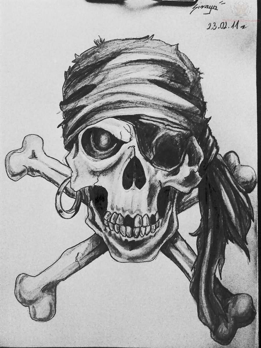 Crossbones And Pirate Skull Black And White Tattoo Design
