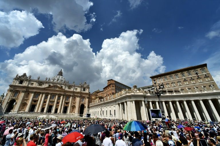 Crowds Gather For The Delivery Of The Angelus Prayer By Pope Francis For The Feast Of Assumption Mary