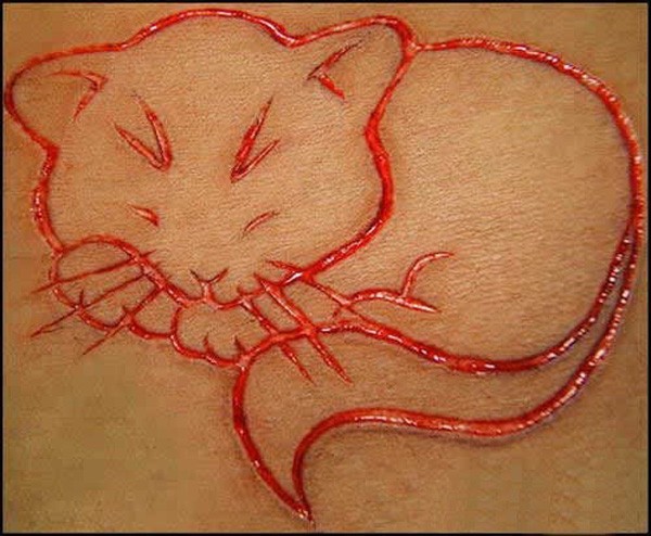Cute Sleeping Cat Scarification Tattoo