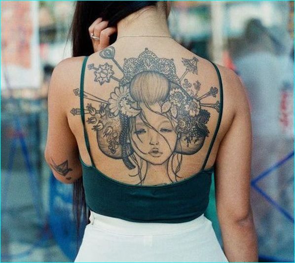 Cute Spiritual Tattoo On Upper Back For Girls