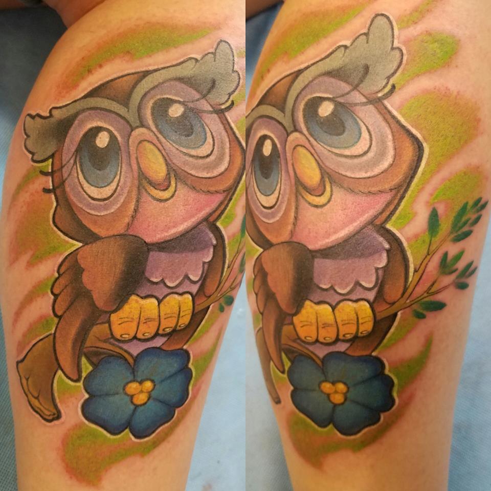 Cute little owl tattoo at shoulder by Jime Litwalk