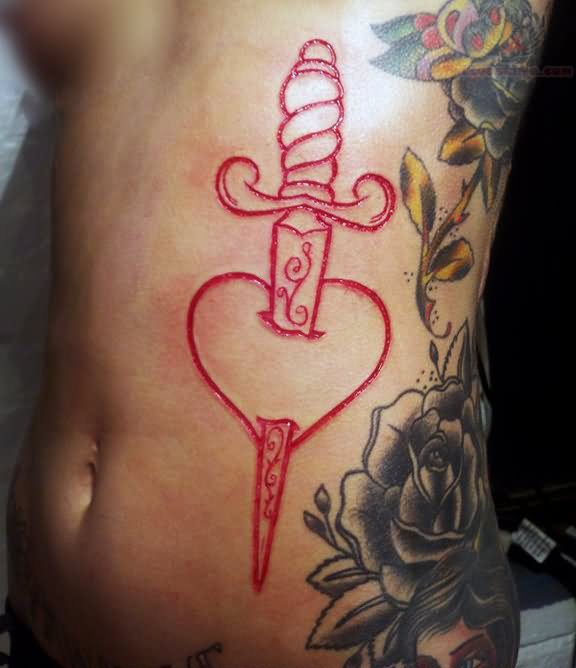Dagger And Heart Scarification Tattoo On Side Rib