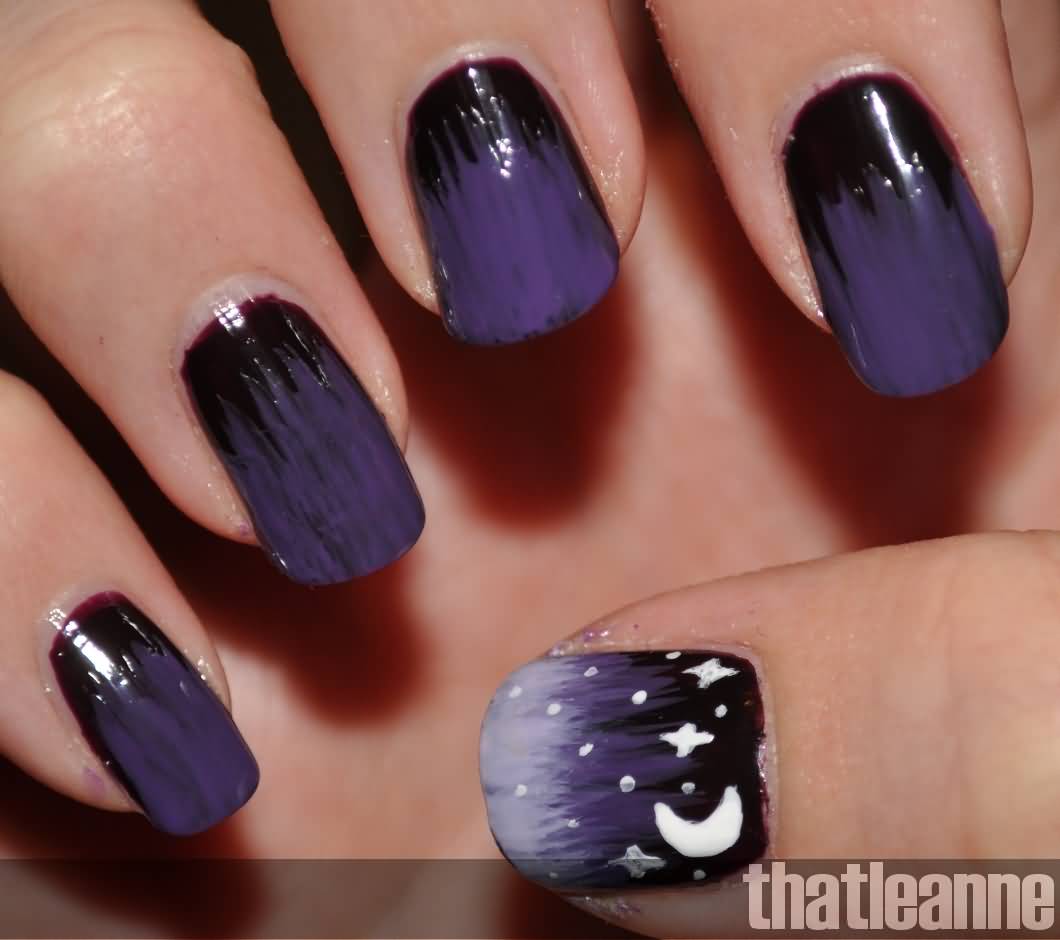 Dark Purple Galaxy Design Nail Art