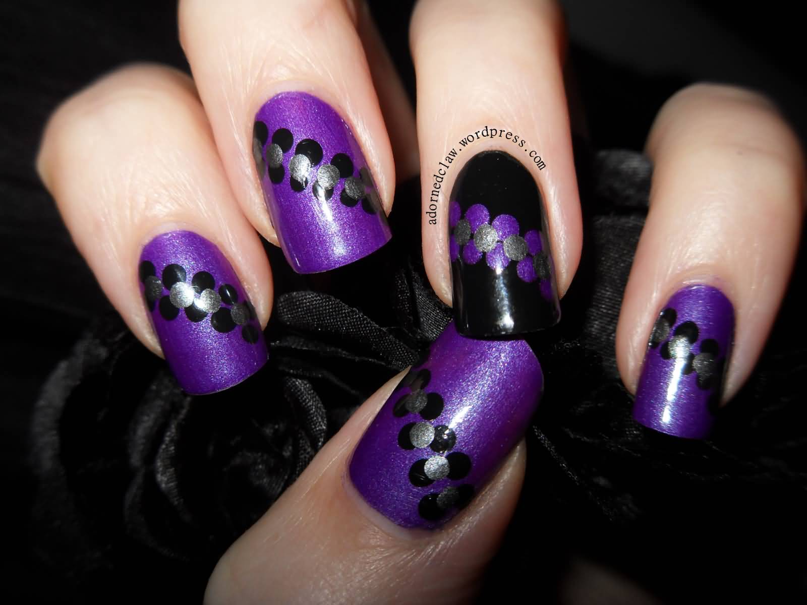 Dark Purple Nails With Black And Silver Polka Dots Nail Art