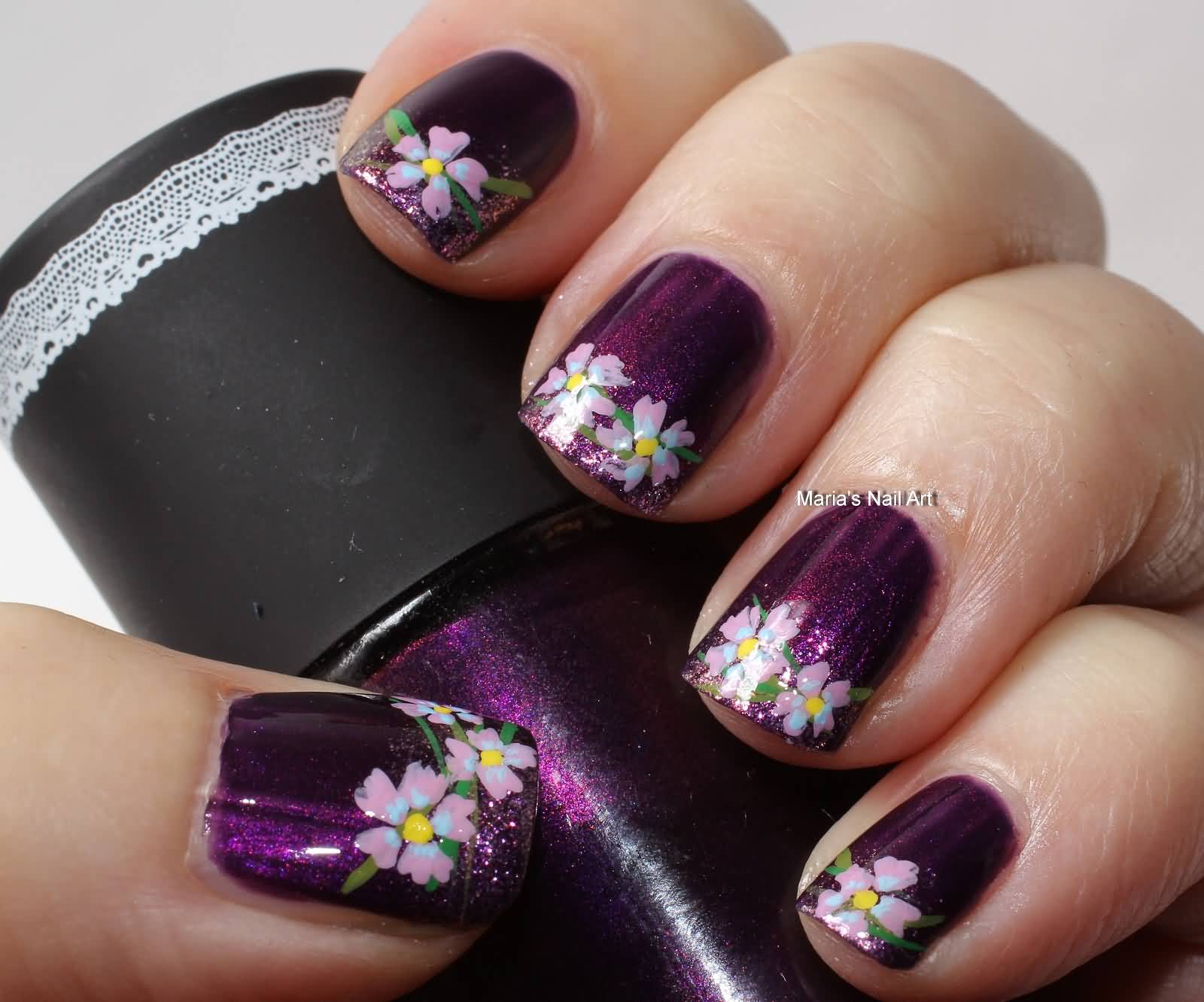 Dark Purple Nails With Pink Flowers Design Idea