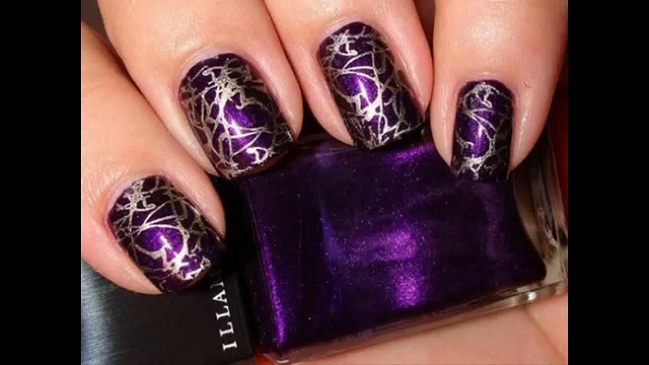 Dark Purple Nails With Stamping Design Nail Art