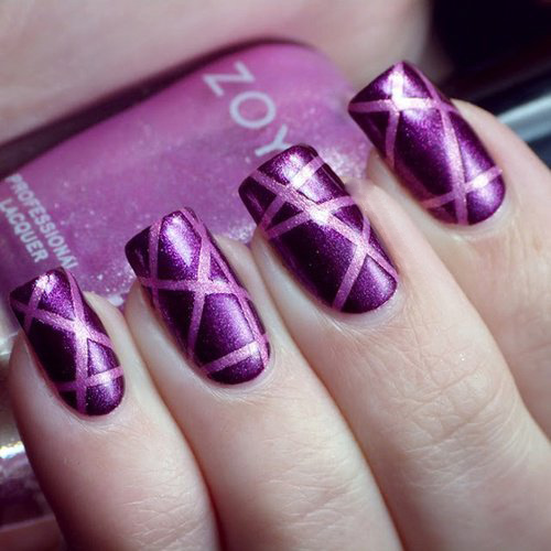 Dark Purple Nails With Stripes Design Idea