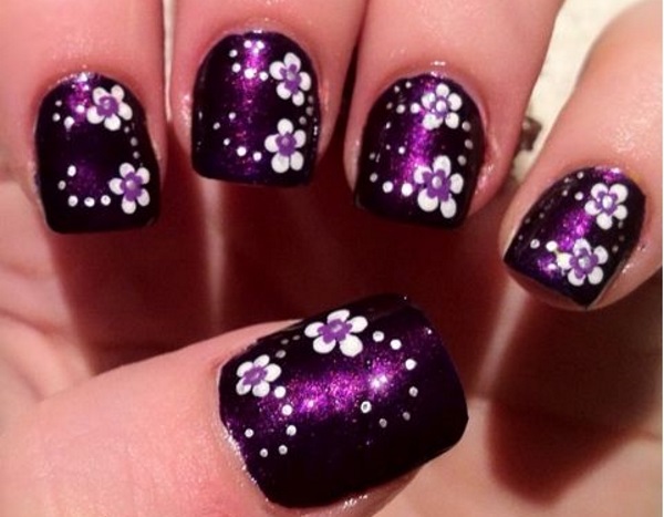 Dark Purple Nails With White Flowers Nail Art