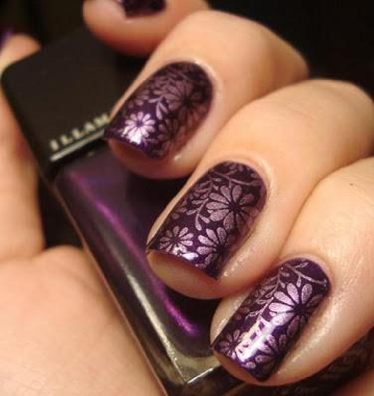 Dark Purple Nails With Flowers Stamping Design Idea