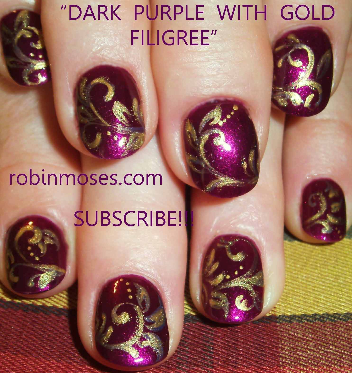 Dark Purple With Gold Filigree Design Nail Art