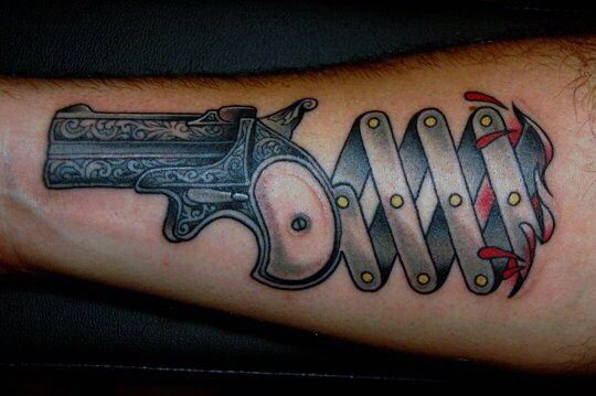 Derringer Weapons Tattoo On Forearm