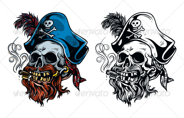 Different Color Pirate Skull Smoking Tattoos Design
