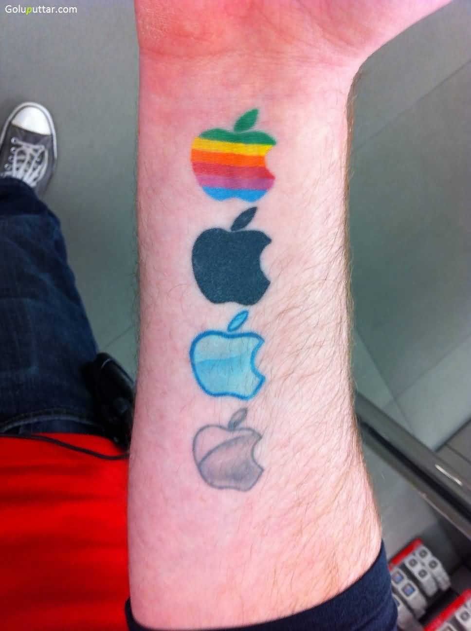 Different IPhone Apple Logos Tattoo On Forearm