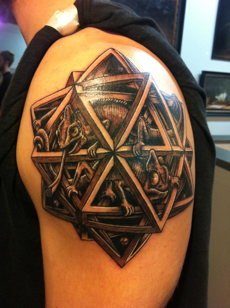 Dodecahedron Chameleon Escher Tattoo On Left Shoulder By Lynn Buckner