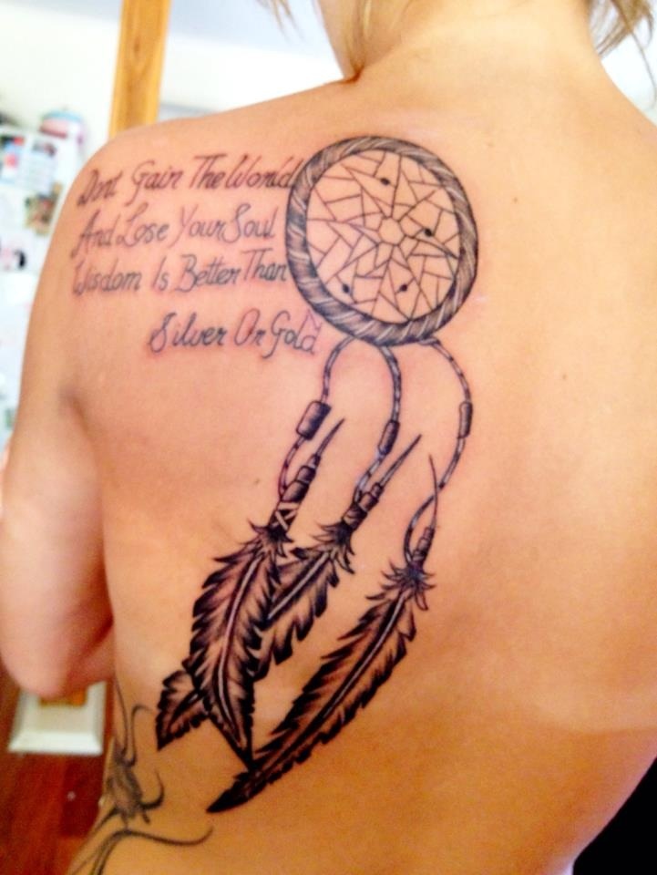 Dreamcatcher With Spiritual Quote Tattoo On Back For Girls