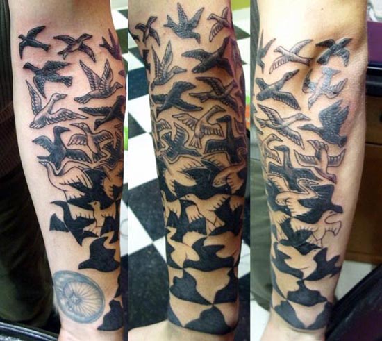 Escher Birds And Design Tattoo On Forearm