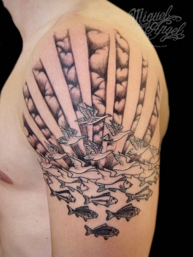 Escher Design Rays And Clouds Tattoo On Left Half Sleeve By Miguel Angel