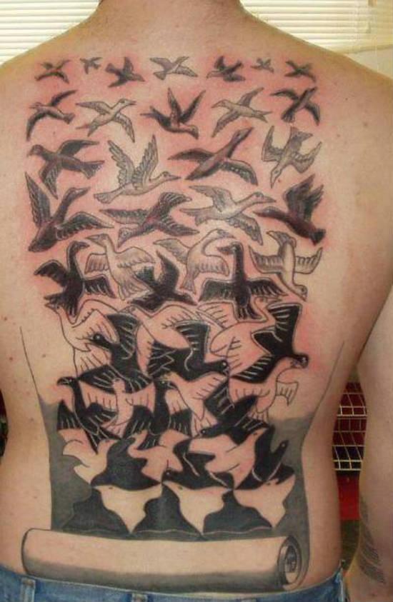 Escher Designs Morphing Into Birds Tattoo On Full Back