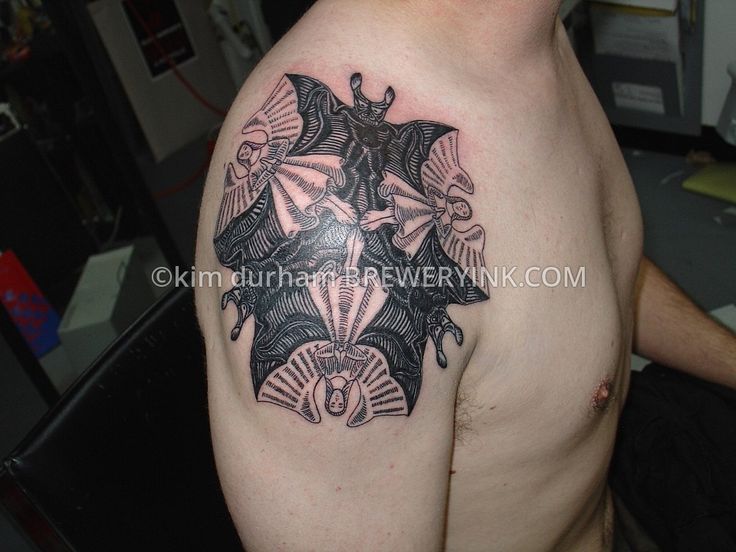 Escher Devil And Angel Tattoo On Right Shoulder