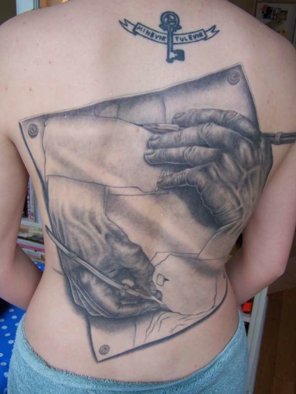 Escher Drawing Hands Tattoo On Full Back