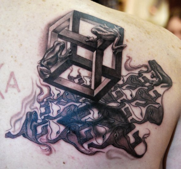 Escher Frogs And Cube Tattoo On Right Back Shoulder